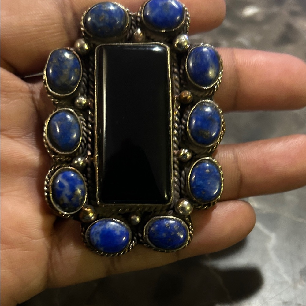 Elegant Black Onyx and Lapis Blue Stone Statement Ring Adjustable!